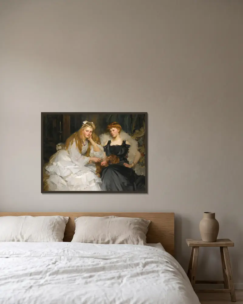 Porträtt av Lorna och Dorothy Bell, döttrar till W. Heward Bell, Esq. av James Jebusa Shannon inramad på en vägg
