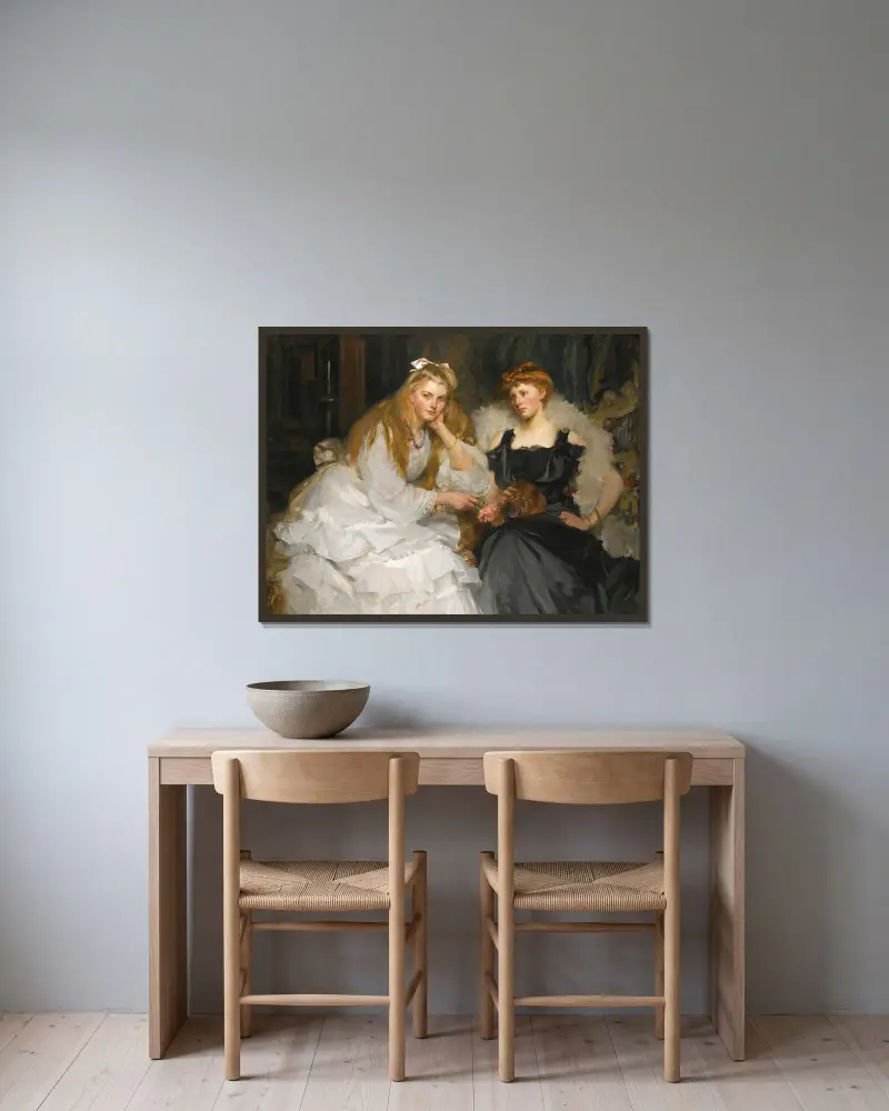 Porträtt av Lorna och Dorothy Bell, döttrar till W. Heward Bell, Esq. av James Jebusa Shannon inramad på en vägg