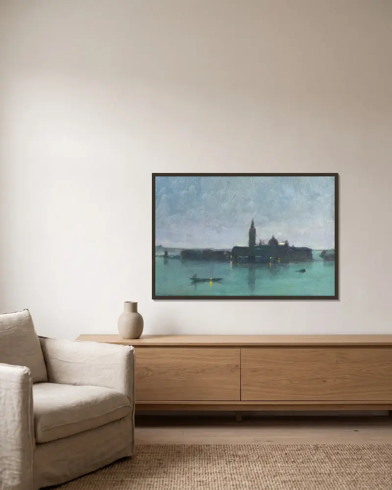 San Giorgio Maggiore från lagunen i månsken, Venedig av James Jebusa Shannon inramad på en vägg