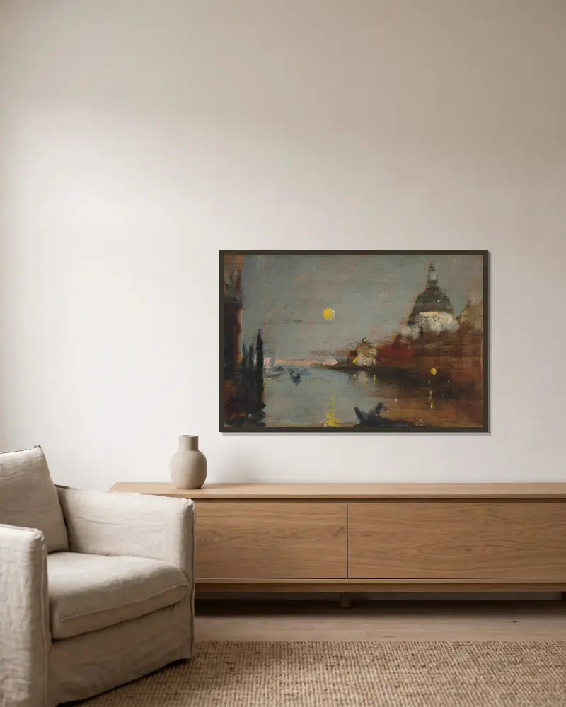 Santa Maria della Salute från Canal Grande, med fullmåne, Venedig av James Jebusa Shannon inramad på en vägg