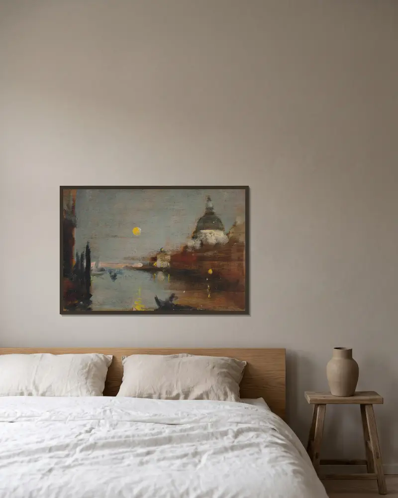 Santa Maria della Salute från Canal Grande, med fullmåne, Venedig av James Jebusa Shannon inramad på en vägg