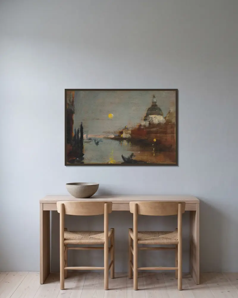 Santa Maria della Salute från Canal Grande, med fullmåne, Venedig av James Jebusa Shannon inramad på en vägg