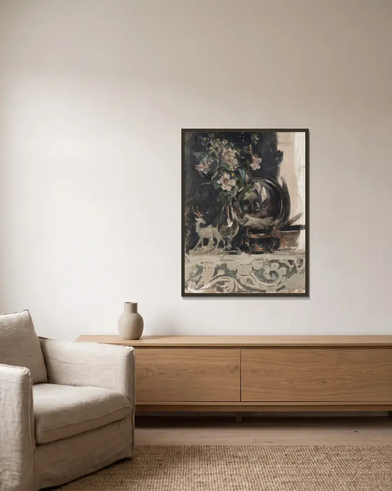 Stilleben mit Blumen, einer Statue und einem Globus auf einer Kaminsims von James Jebusa Shannon gerahmt an einer Wand