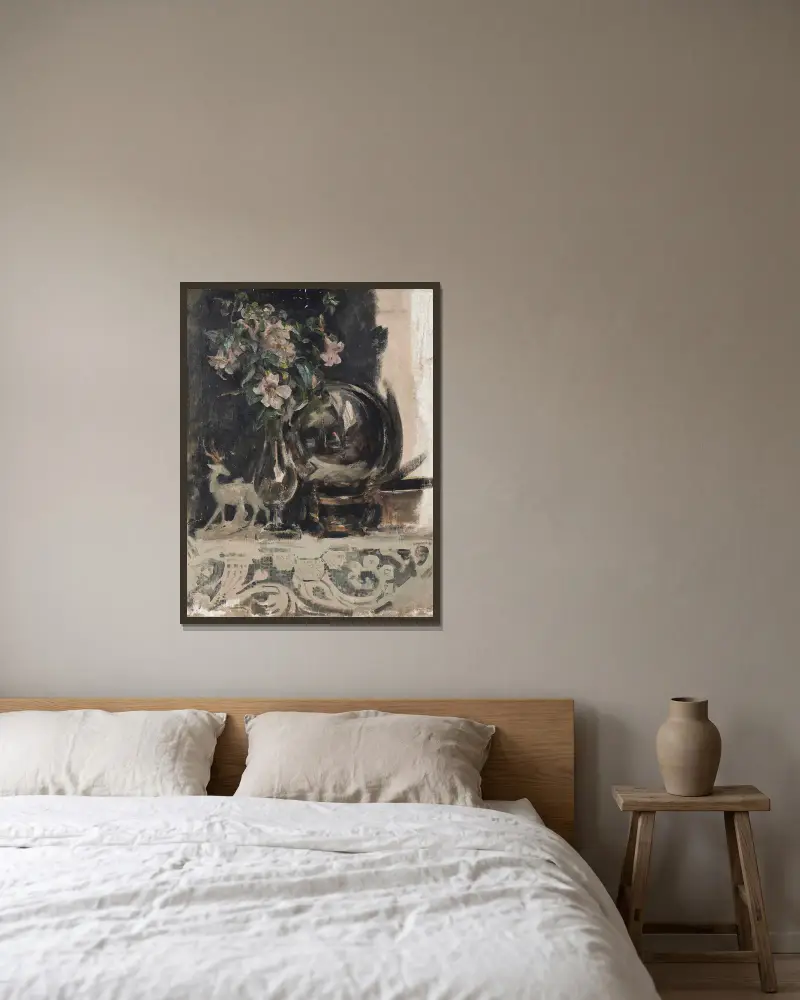 Stilleben mit Blumen, einer Statue und einem Globus auf einer Kaminsims von James Jebusa Shannon gerahmt an einer Wand