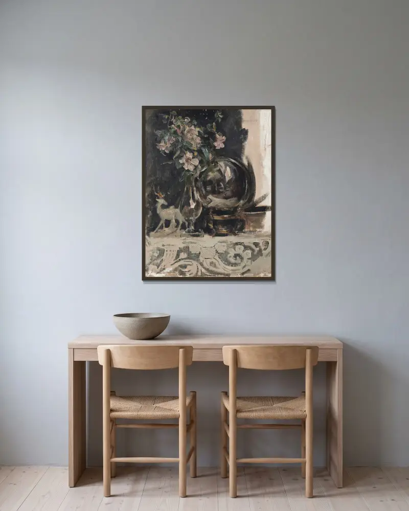 Stilleben mit Blumen, einer Statue und einem Globus auf einer Kaminsims von James Jebusa Shannon gerahmt an einer Wand