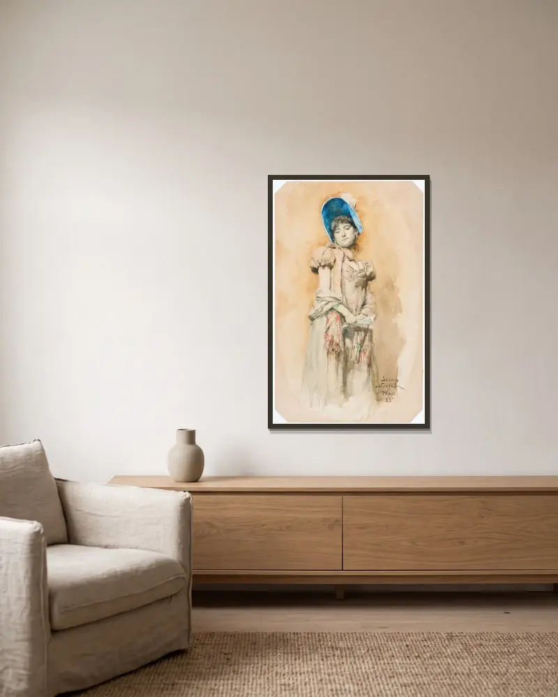Frau mit Kapotte von Jenny Nyström gerahmt an einer Wand