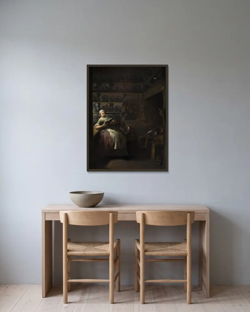 Kitchen Interior with a Girl Reading av Jens Juel inramad på en vägg