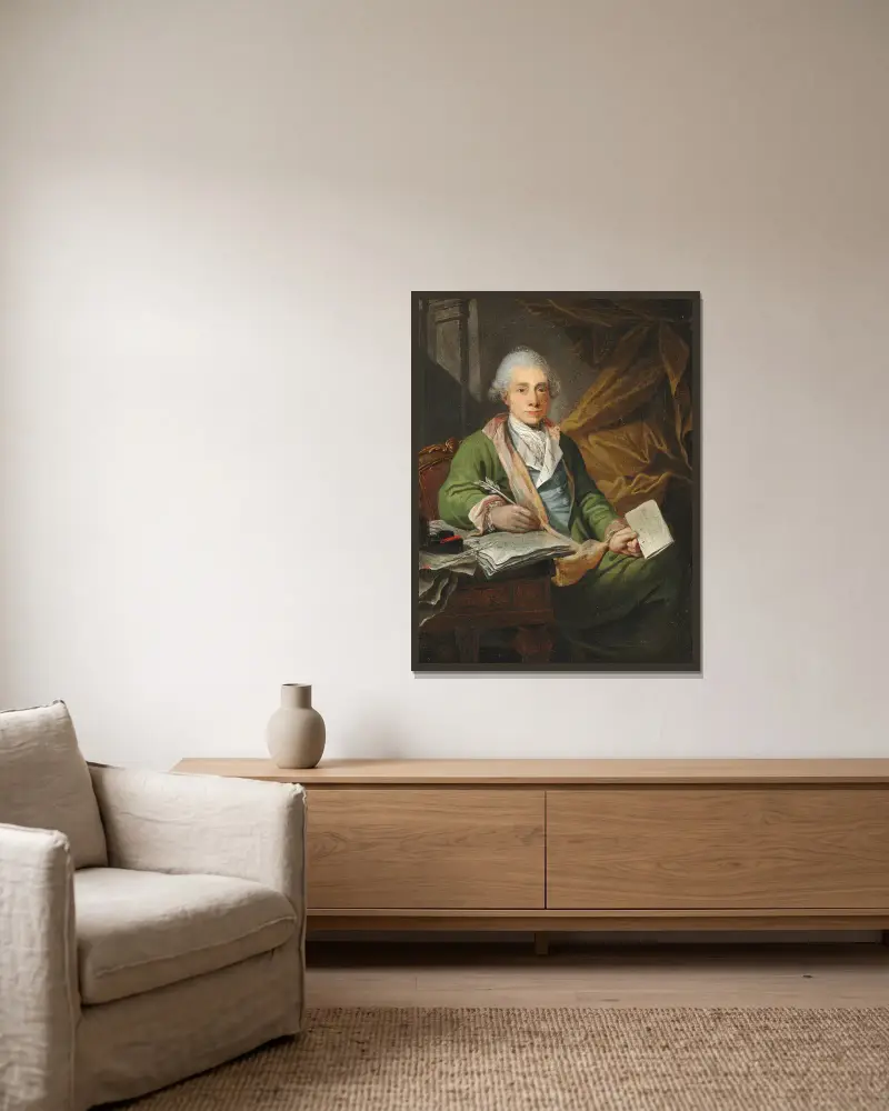 Porträtt av tullkassören i Kerteminde, Bartholomæus Hansteen av Jens Juel inramad på en vägg