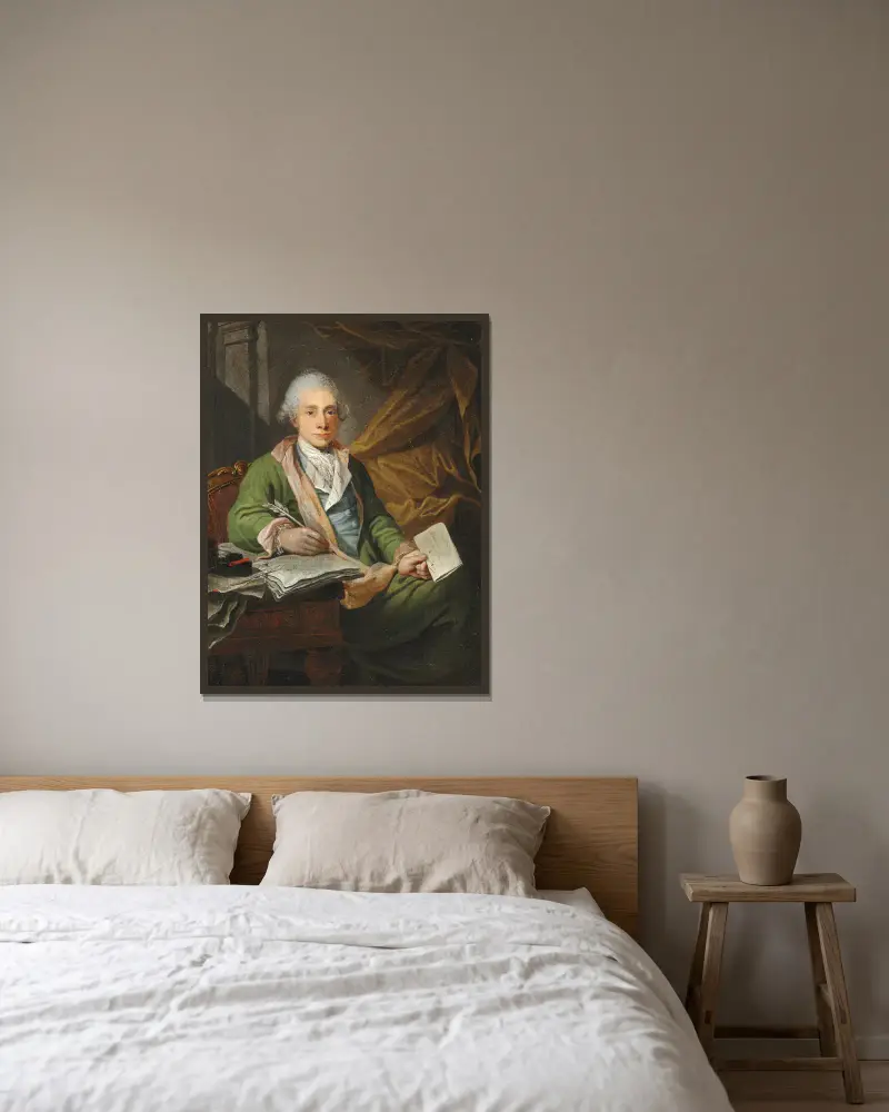Porträtt av tullkassören i Kerteminde, Bartholomæus Hansteen av Jens Juel inramad på en vägg