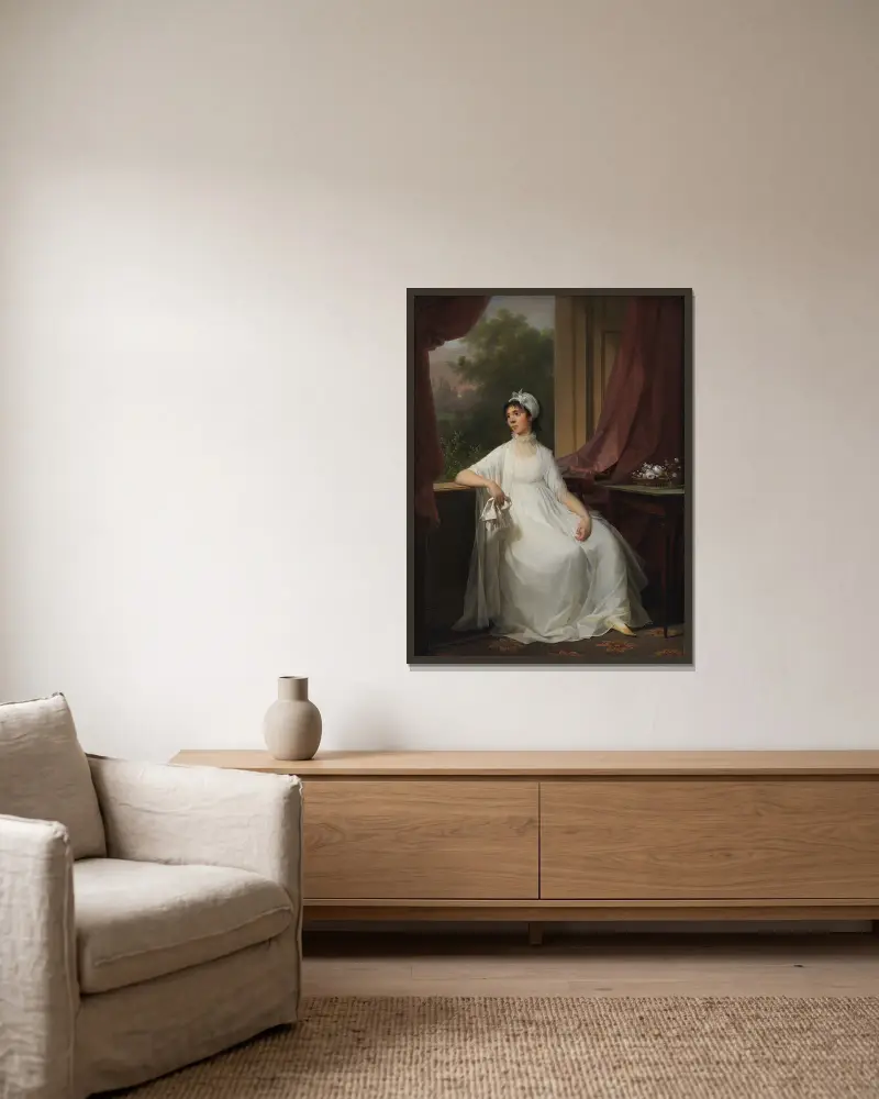 Portrait of Gertrud Hage, née Heitmann av Jens Juel inramad på en vägg