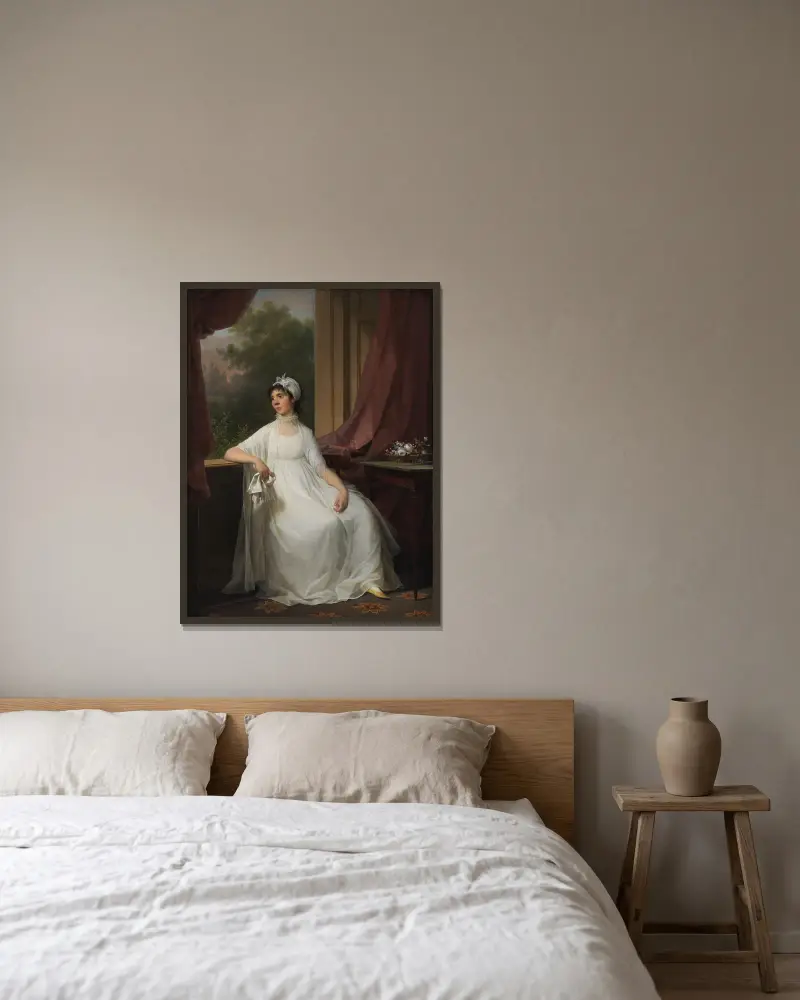 Portrait of Gertrud Hage, née Heitmann av Jens Juel inramad på en vägg