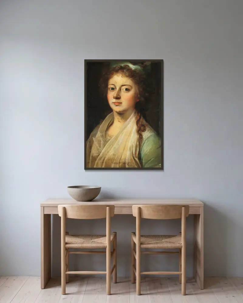 Porträtt av drottning Marie Sophie Frederikke av Jens Juel inramad på en vägg