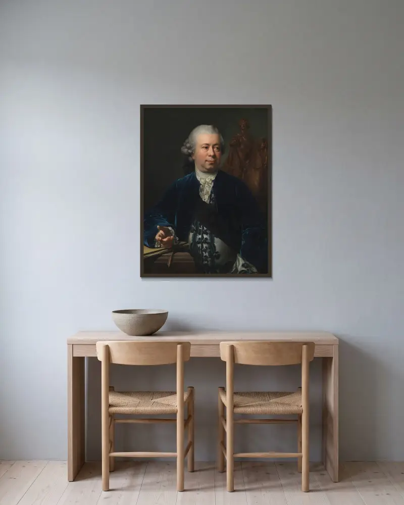 Skulptören Jacques-François-Joseph Saly av Jens Juel inramad på en vägg