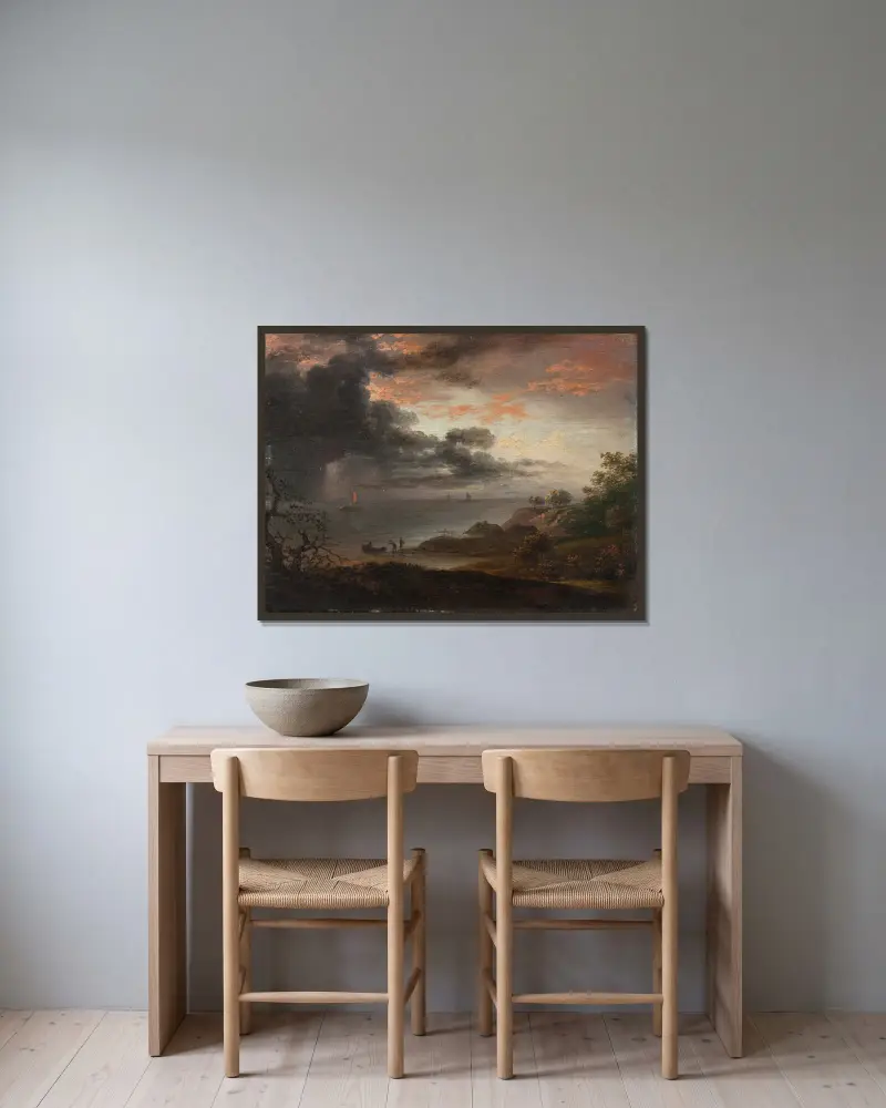 Tordenregn nedstyrtende i havet av Jens Juel inramad på en vägg