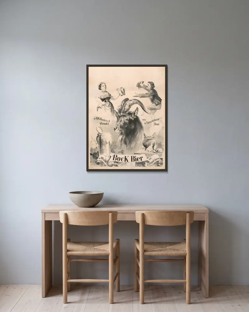 A Oldbairisch Dirndel, un a luschdiger Bua, bock bier, a Moas't, un a Sam'ldersu von Henry Jerome Schile gerahmt an einer Wand