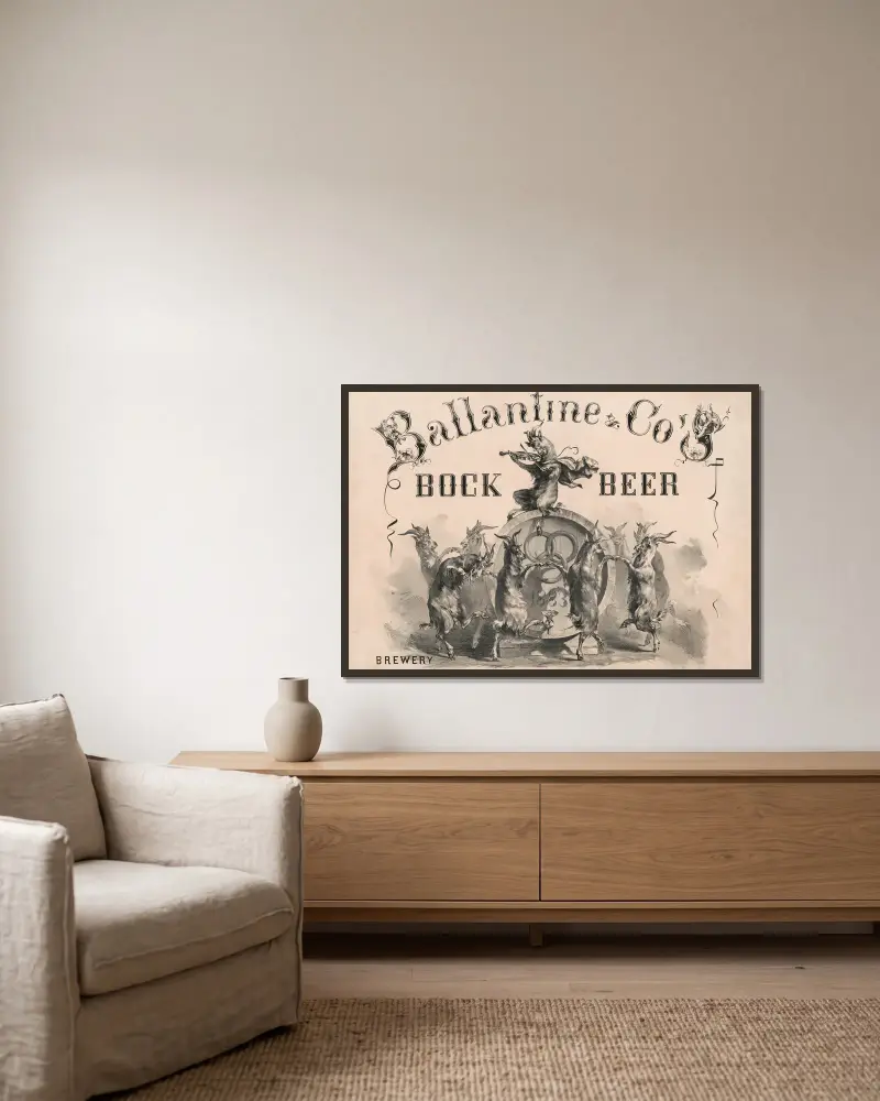 Ballantine & Co:s bryggeri, N[ew York], bocköl av Henry Jerome Schile inramad på en vägg