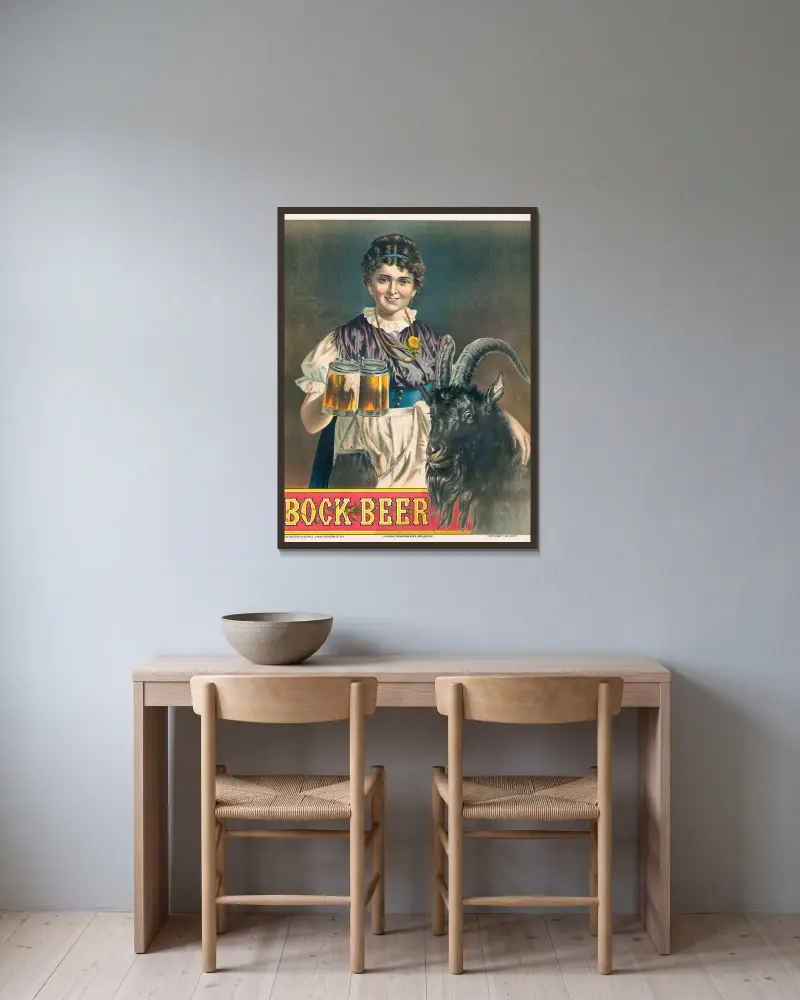 Bockbier, original bayerisches Biermädchen & Bock von Henry Jerome Schile gerahmt an einer Wand