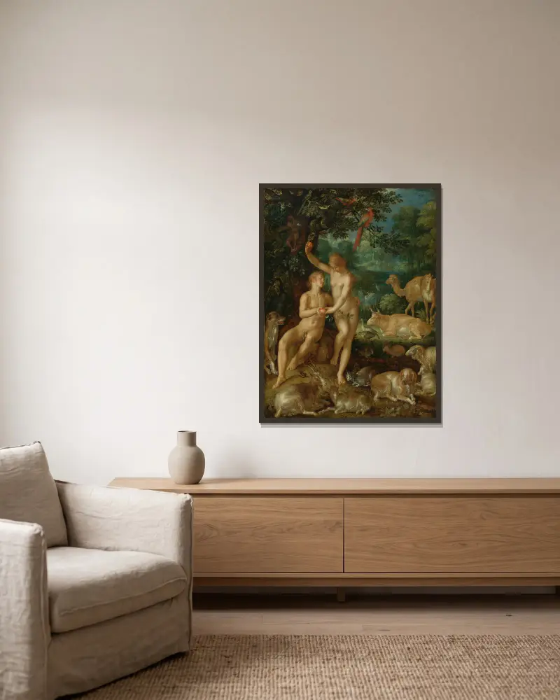 Adam And Eve – nr 1 av Joachim Wtewael inramad på en vägg