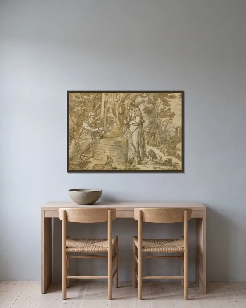 Kristus och den samariska kvinnan av Joachim Wtewael inramad på en vägg