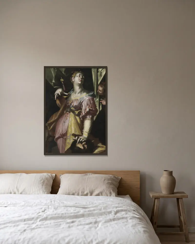 Judit med Holofernes huvud av Joachim Wtewael inramad på en vägg