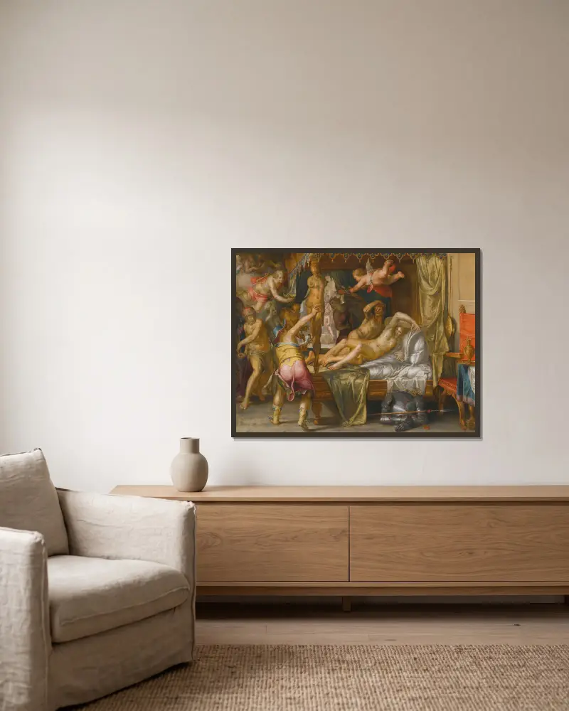 Mars och Venus överraskas av Vulcanus – nr 1 av Joachim Wtewael inramad på en vägg