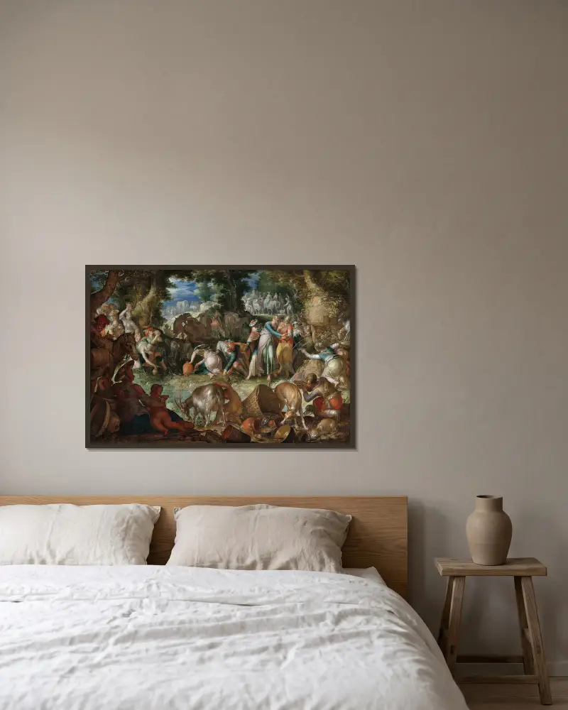 Moses schlägt Wasser aus dem Felsen von Joachim Wtewael gerahmt an einer Wand
