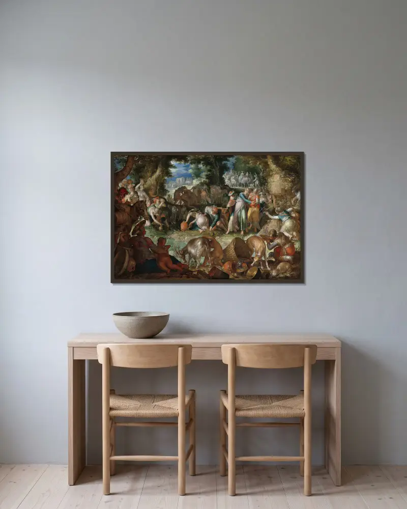 Moses schlägt Wasser aus dem Felsen von Joachim Wtewael gerahmt an einer Wand