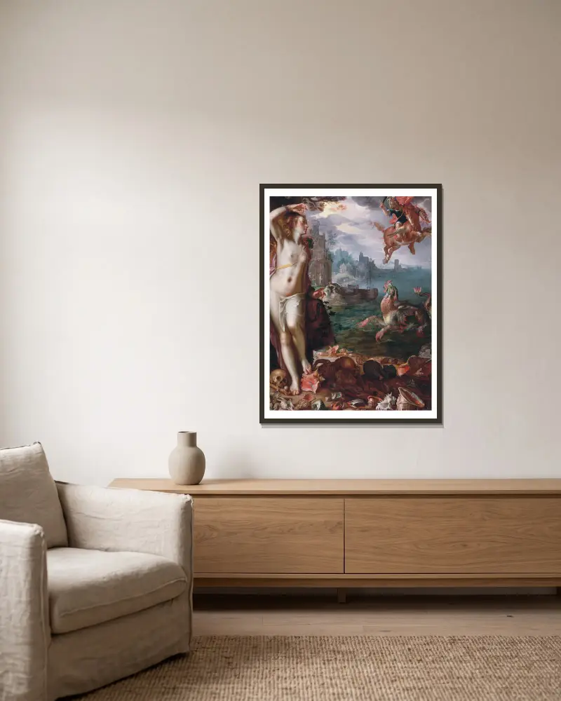 Perseus Releases Andromeda av Joachim Wtewael inramad på en vägg