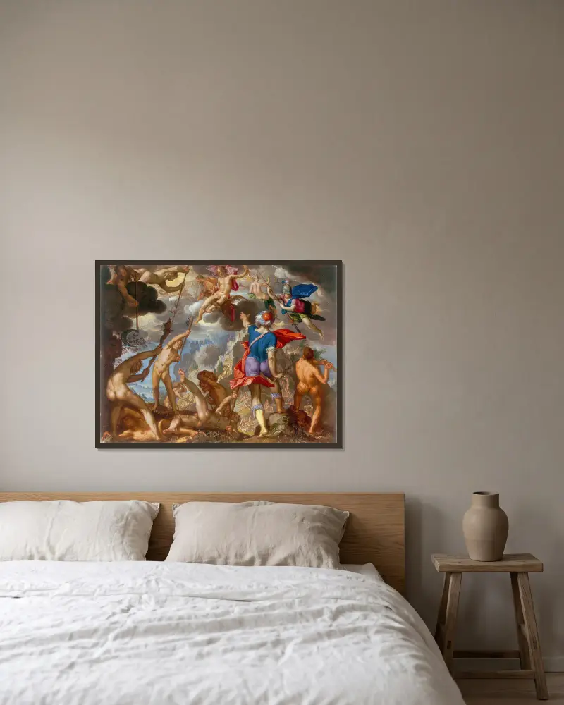 Der Kampf zwischen den Göttern und den Giganten von Joachim Wtewael gerahmt an einer Wand