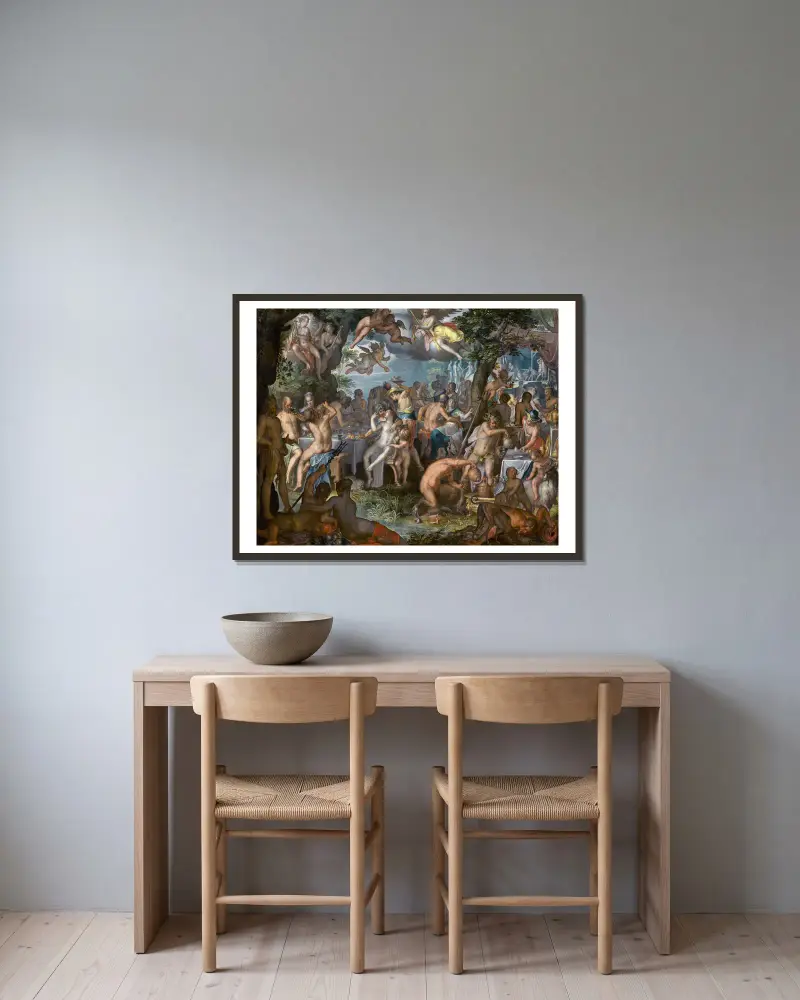 Peleus och Thetis bröllop av Joachim Wtewael inramad på en vägg