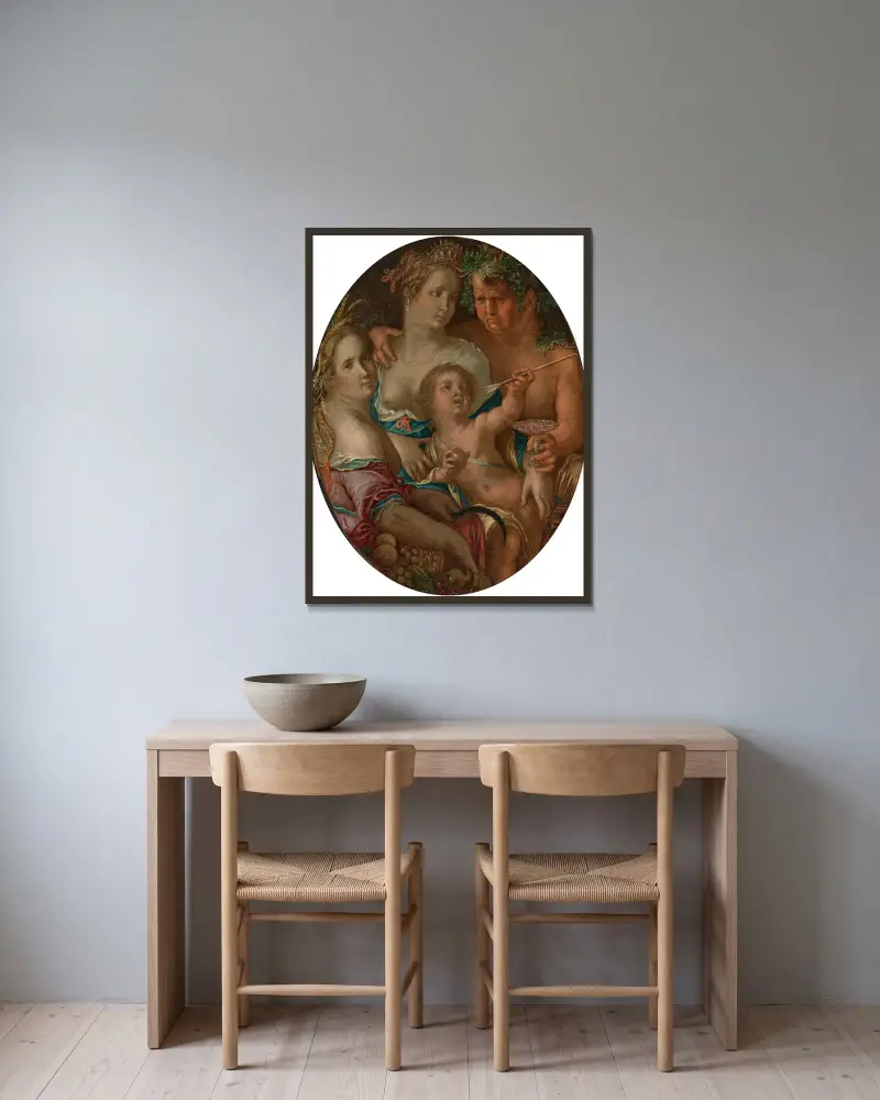 Venus, Amor, Bacchus och Ceres av Joachim Wtewael inramad på en vägg