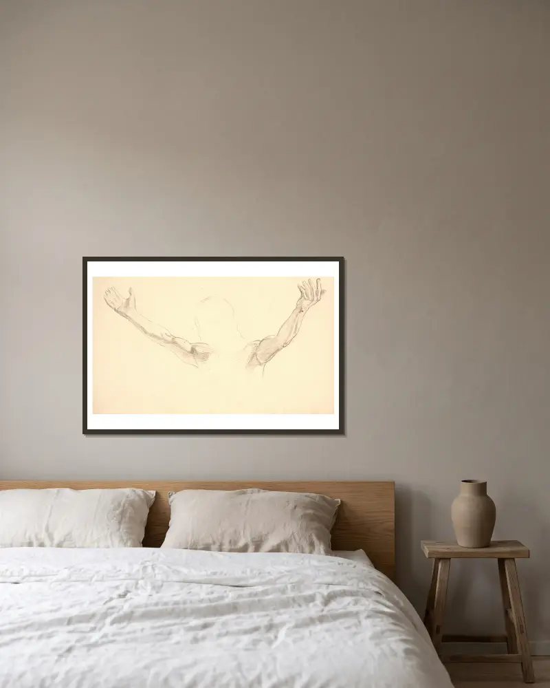 Detailstudie der ausgebreiteten Arme Christi von Joakim Skovgaard gerahmt an einer Wand