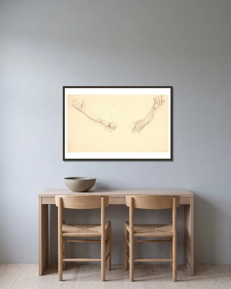 Detailstudie der ausgebreiteten Arme Christi von Joakim Skovgaard gerahmt an einer Wand