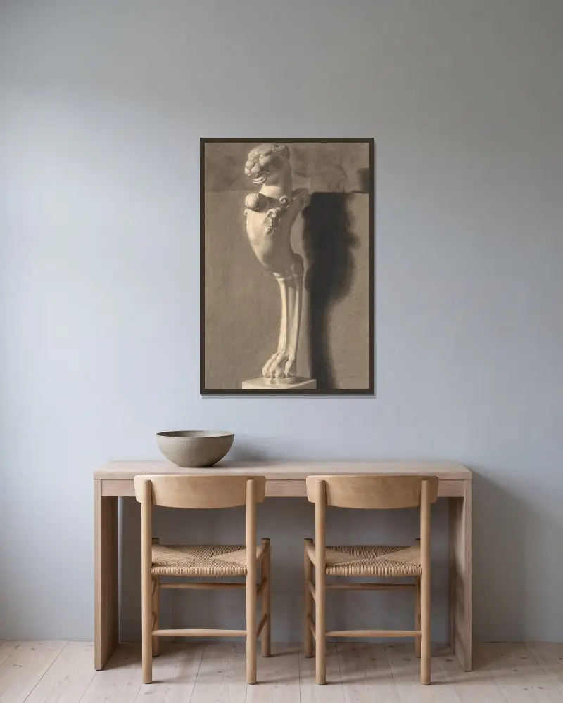 Teckning efter gips. Kopia efter antik skulptur. Ornament med lejonhuvud och fot av Joakim Skovgaard inramad på en vägg