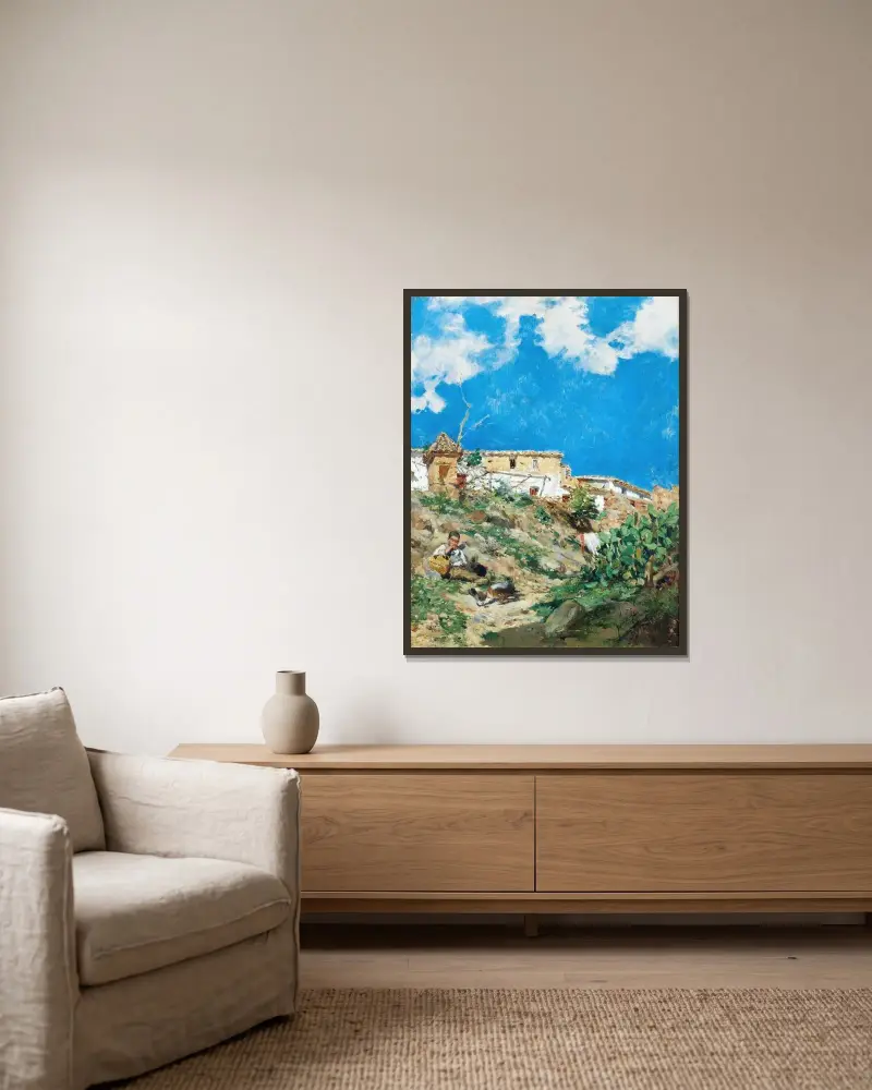 Landschaft mit Figur in Sagunto, Valencia von Joaquín Sorolla gerahmt an einer Wand