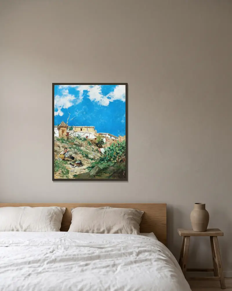 Landschaft mit Figur in Sagunto, Valencia von Joaquín Sorolla gerahmt an einer Wand