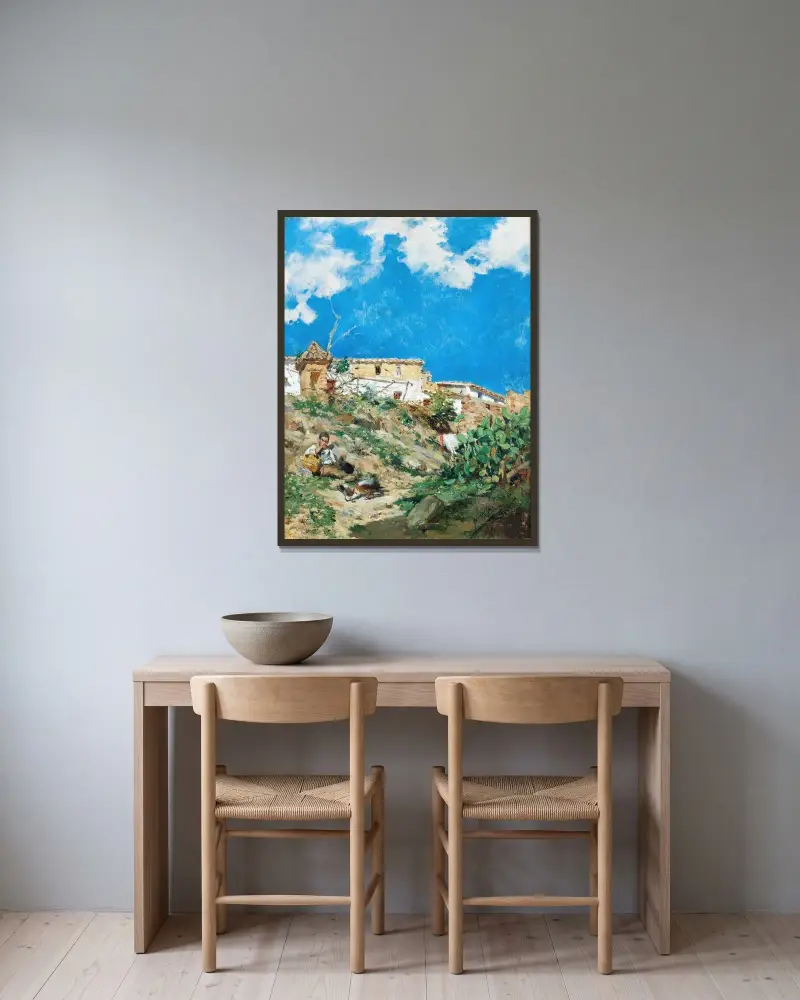 Landschaft mit Figur in Sagunto, Valencia von Joaquín Sorolla gerahmt an einer Wand