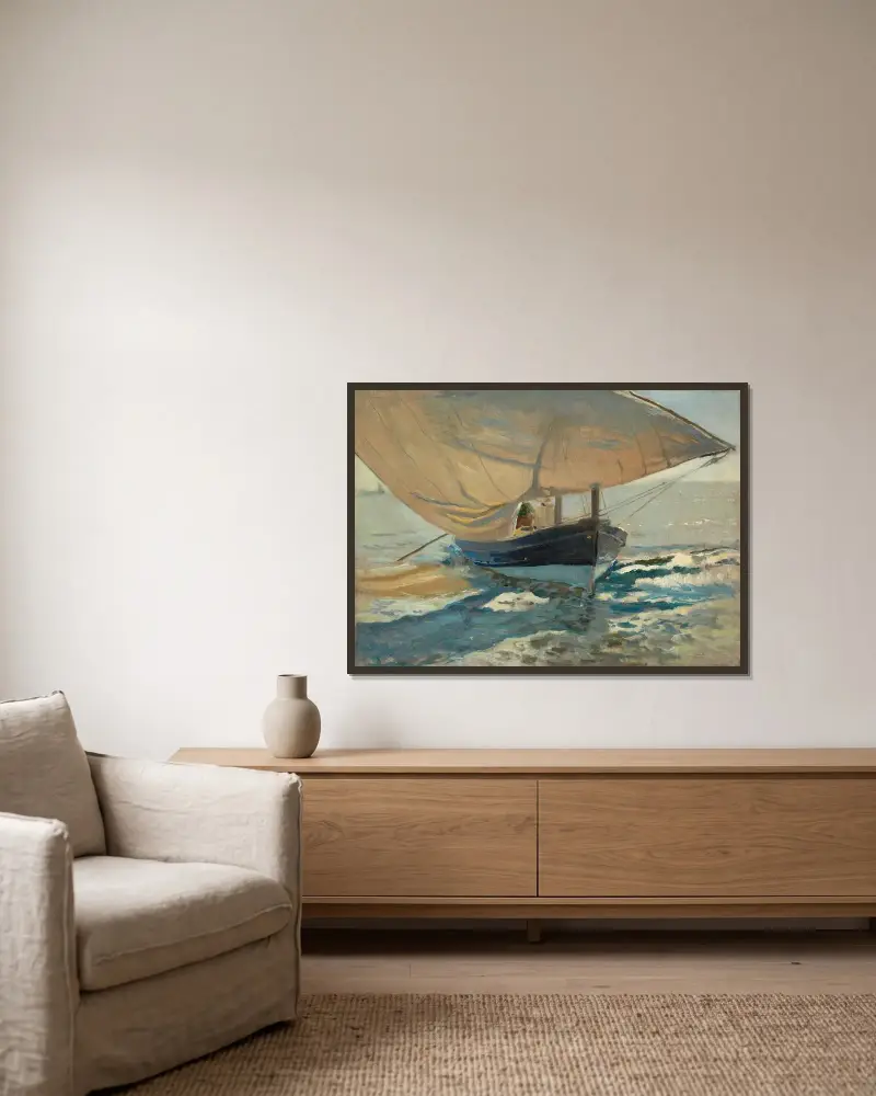 Fischerboote am Strand von Joaquín Sorolla gerahmt an einer Wand