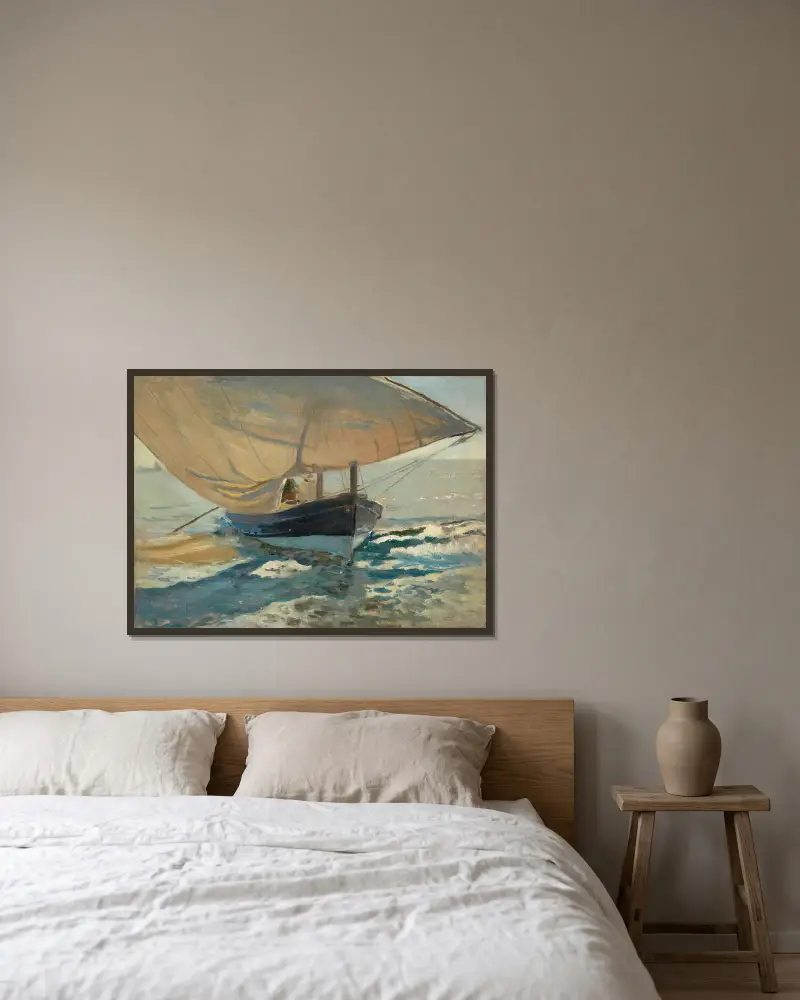 Fischerboote am Strand von Joaquín Sorolla gerahmt an einer Wand
