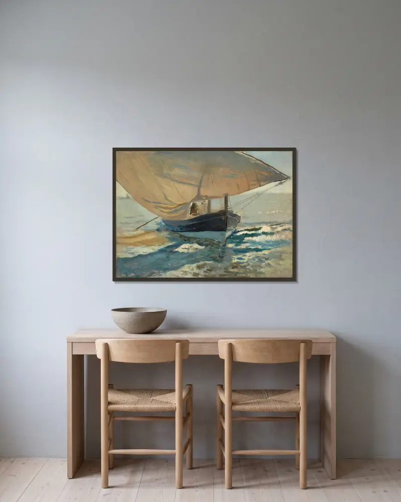 Fischerboote am Strand von Joaquín Sorolla gerahmt an einer Wand