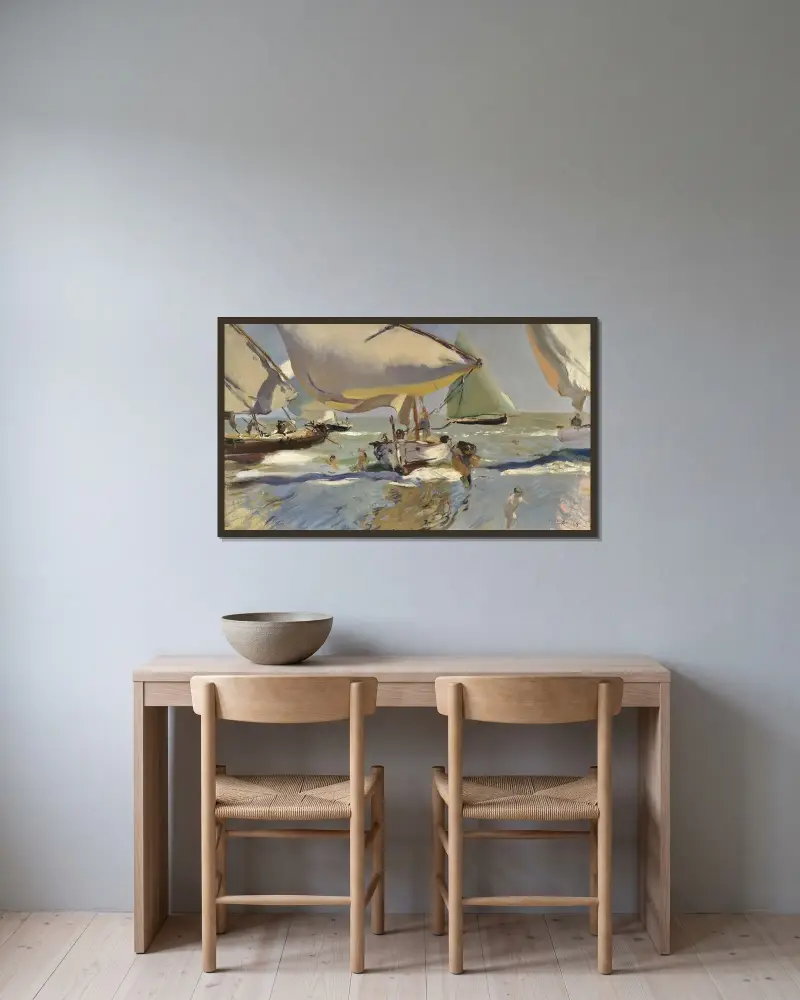 Boote am Strand von Joaquín Sorolla gerahmt an einer Wand