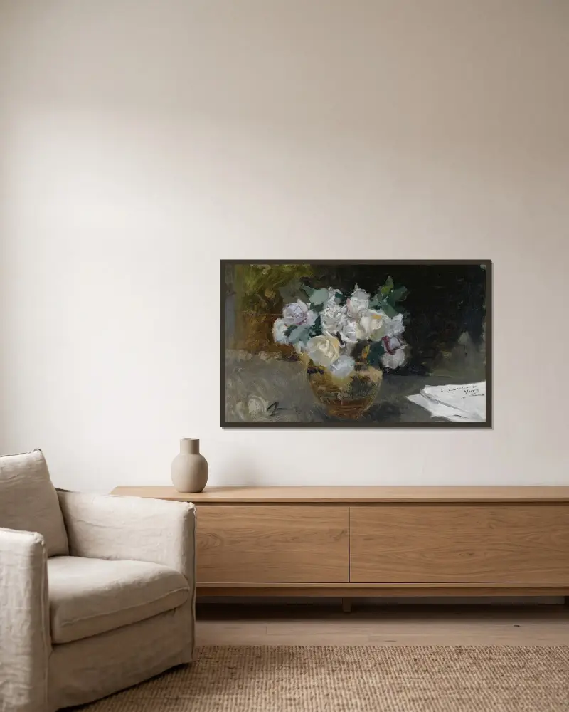 Zátiší s bílými růžemi, Joaquín Sorolla v rámu na stěně