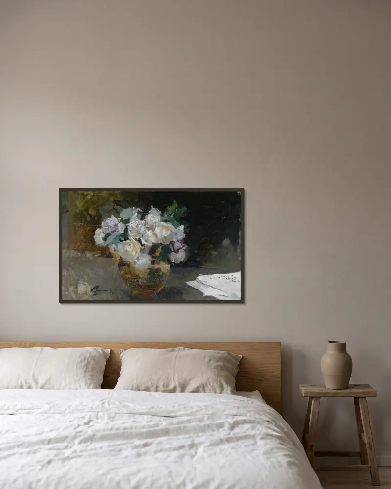 Zátiší s bílými růžemi, Joaquín Sorolla v rámu na stěně