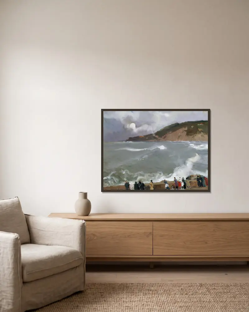 Wellenbrecher, San Sebastián von Joaquín Sorolla gerahmt an einer Wand