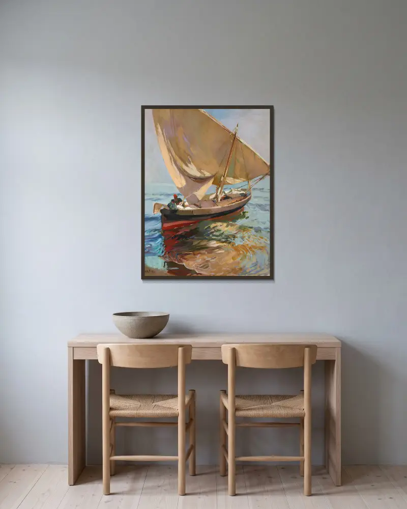 På väg ut till sjöss. Valencia av Joaquín Sorolla inramad på en vägg