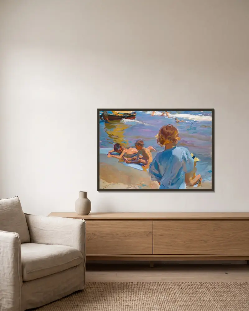 Barn på stranden, Valencia av Joaquín Sorolla inramad på en vägg