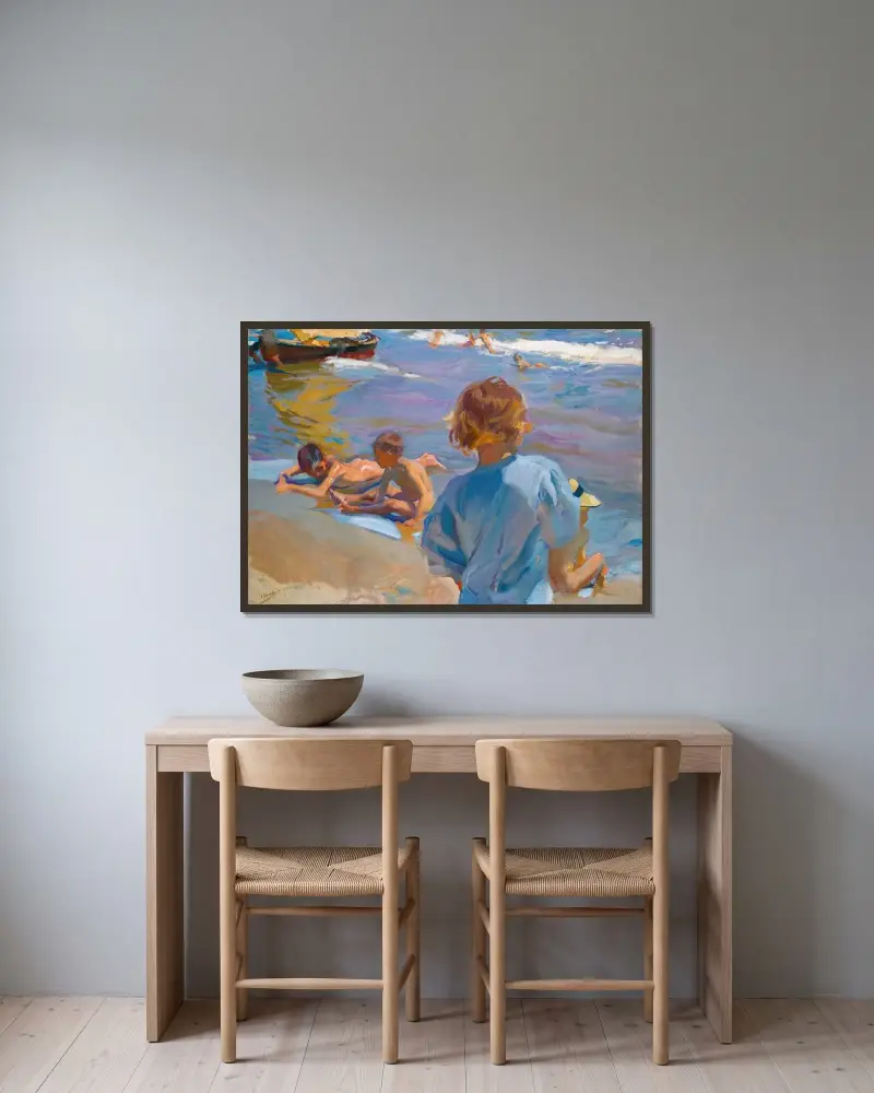 Barn på stranden, Valencia av Joaquín Sorolla inramad på en vägg