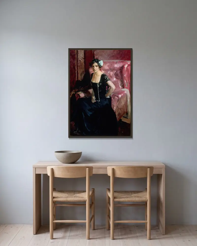 Clotilde i aftonklänning av Joaquín Sorolla inramad på en vägg