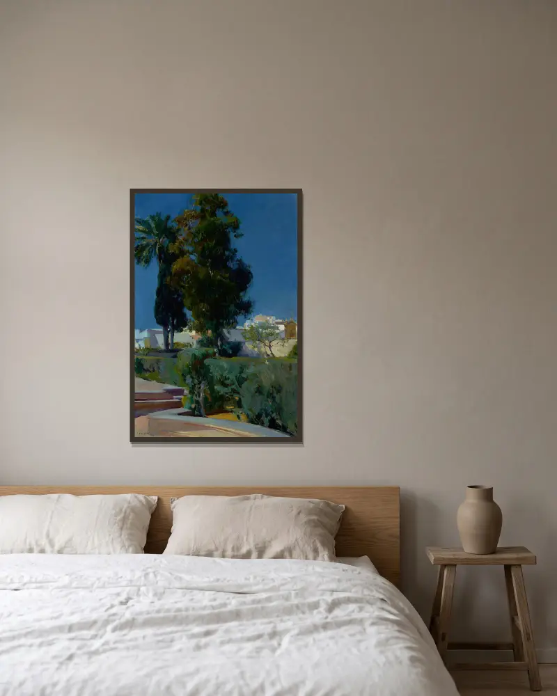 En vrå av trädgården, Alcázar, Sevilla av Joaquín Sorolla inramad på en vägg