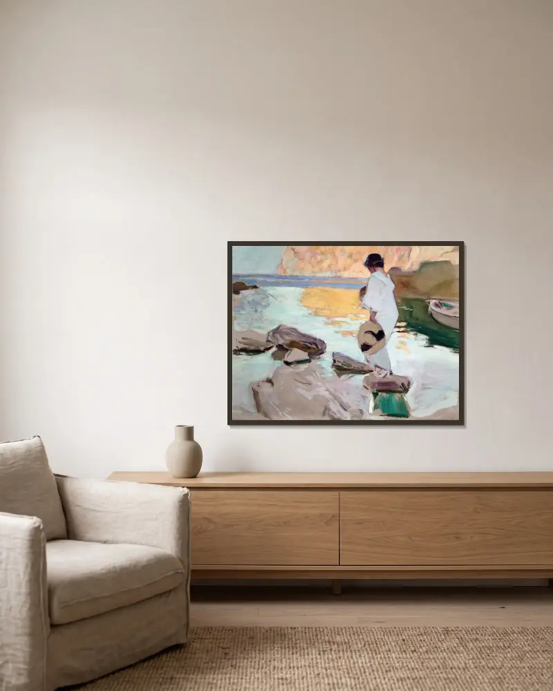 Elena vid Cala de San Vicente av Joaquín Sorolla inramad på en vägg
